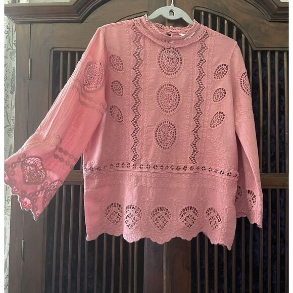 NWOT EST 1946 Pink Crochet Lace Blouse Women’s M Cotton Rayon Embroidered Top - Picture 1 of 8